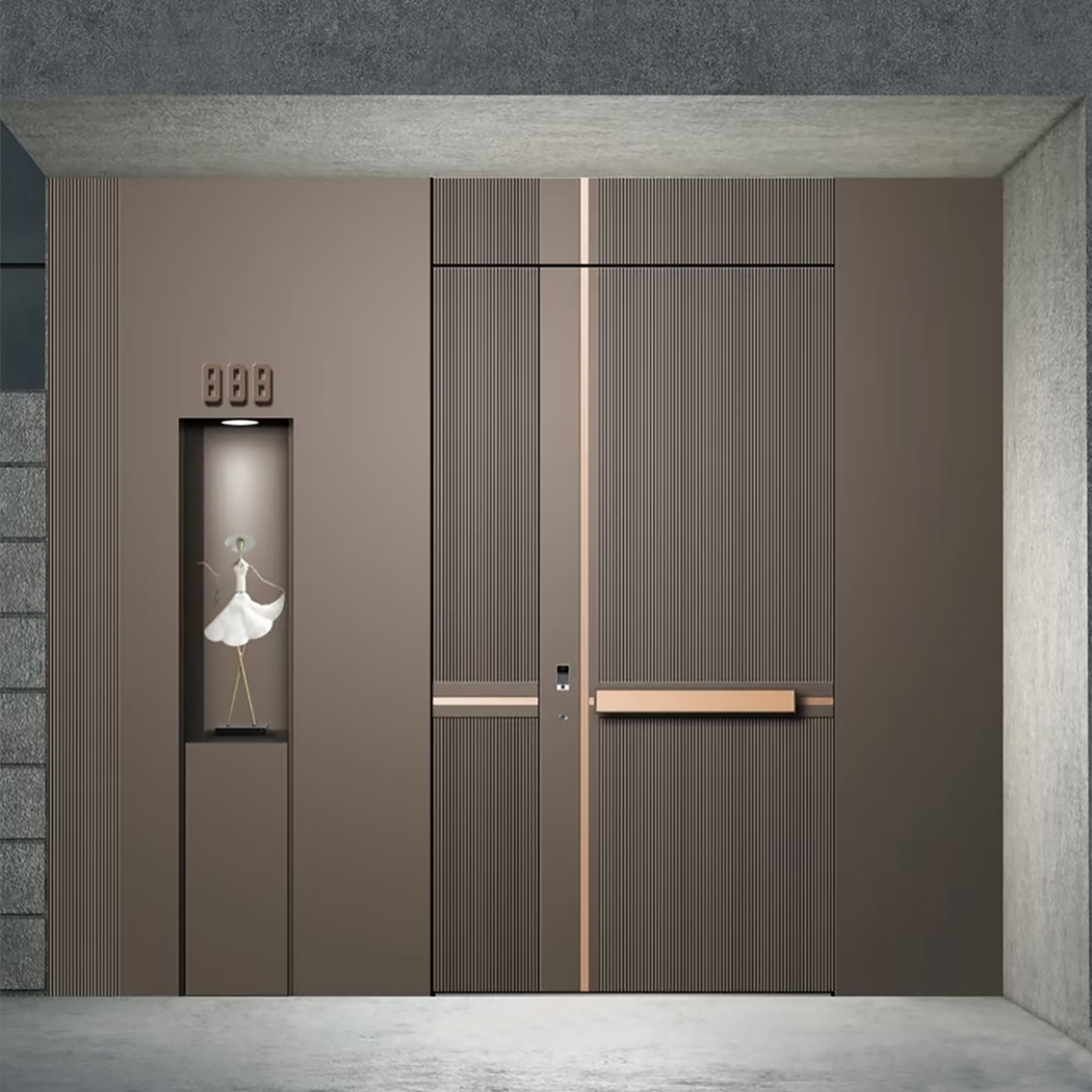 Modern pivot door at a luxury home entrance